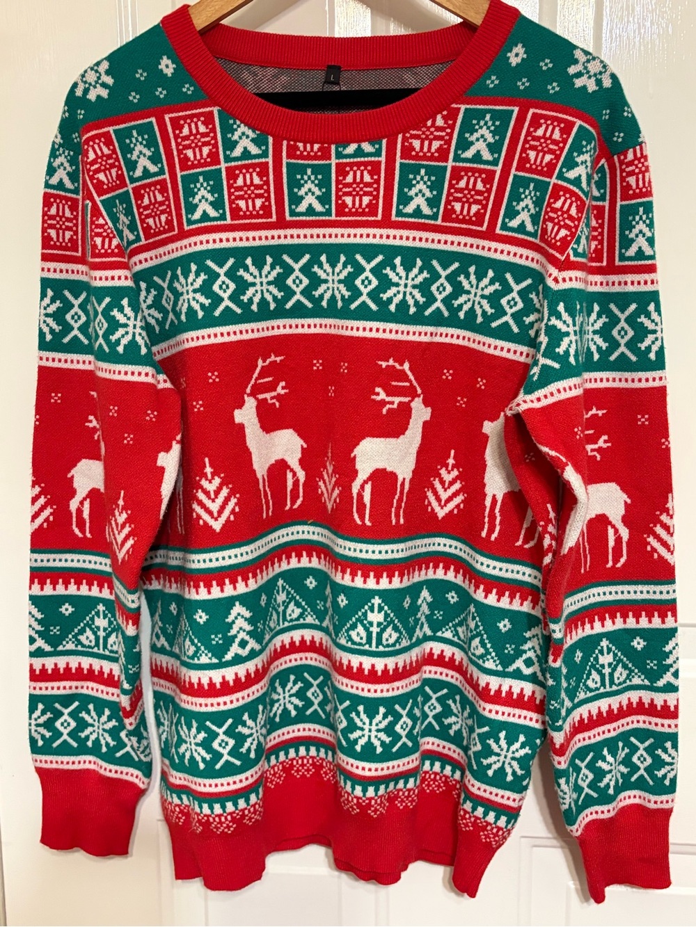Men's Red and Green Ugly Christmas Sweater with Reindeer Trees Snowflakes L NWT